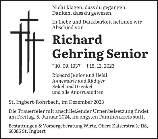 Todesanzeige von Richard Gehring von saarbruecker_zeitung