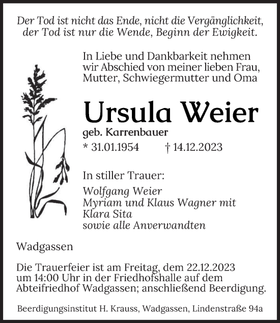 Todesanzeige von Ursula Weier von saarbruecker_zeitung