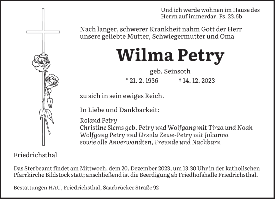 Todesanzeige von Wilma Petry von saarbruecker_zeitung