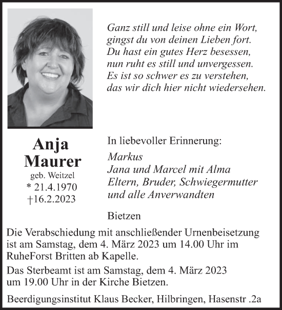 Todesanzeige von Anja Maurer von saarbruecker_zeitung