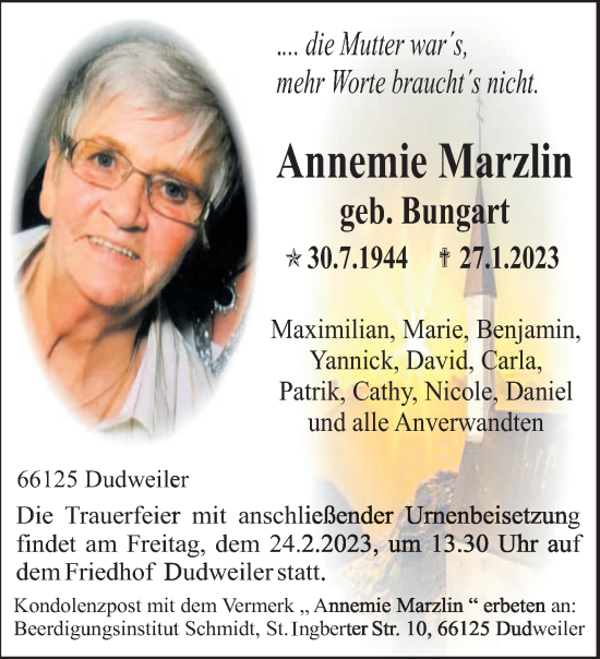 Todesanzeige von Annemie Marzlin von saarbruecker_zeitung