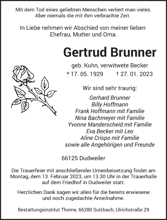 Todesanzeige von Gertrud Brunner von saarbruecker_zeitung