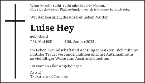 Todesanzeige von Luise Hey von saarbruecker_zeitung