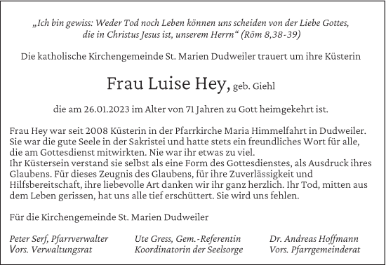 Todesanzeige von Luise Hey von saarbruecker_zeitung