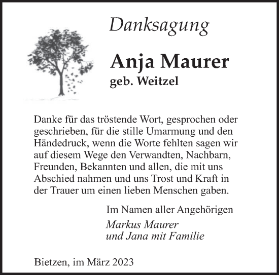 Todesanzeige von Anja Maurer von saarbruecker_zeitung