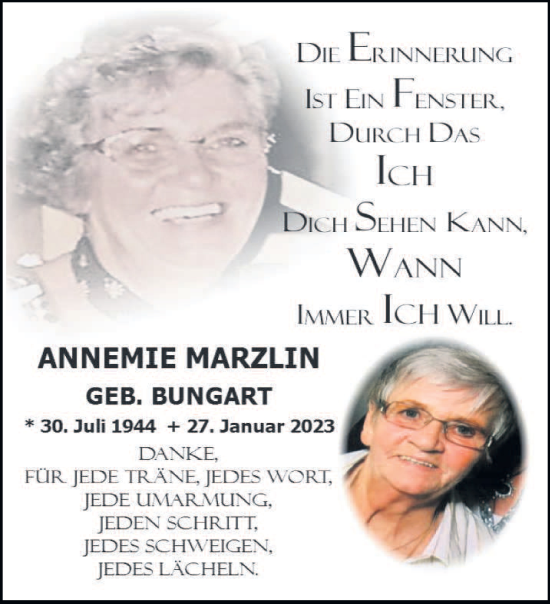 Todesanzeige von Annemie Marzlin von saarbruecker_zeitung