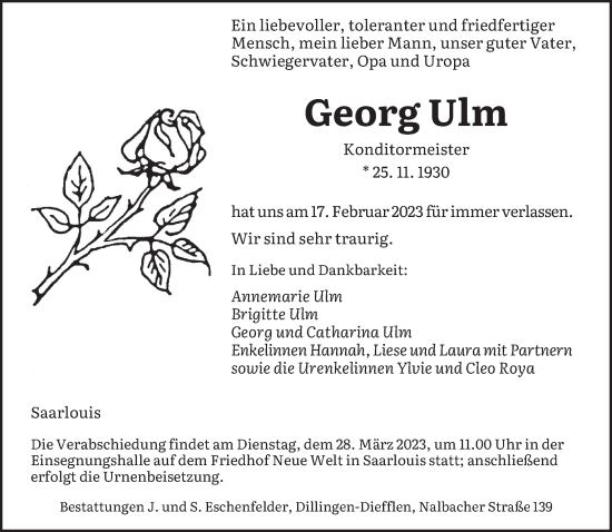 Todesanzeige von Georg Ulm von saarbruecker_zeitung