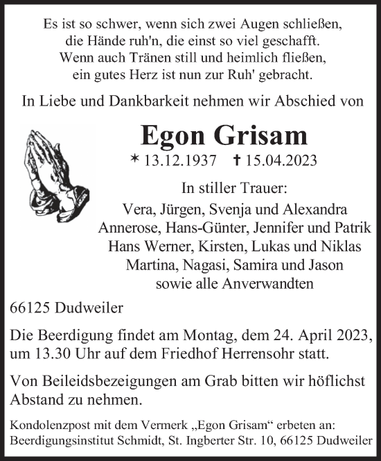 Todesanzeige von Egon Grisam von saarbruecker_zeitung