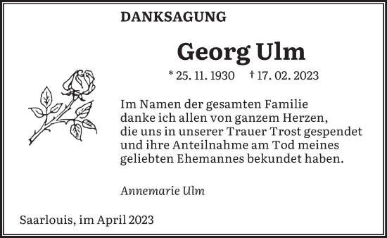 Todesanzeige von Georg Ulm von saarbruecker_zeitung