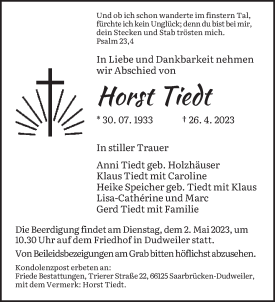 Todesanzeige von Horst Tiedt von saarbruecker_zeitung