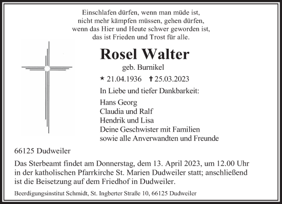 Todesanzeige von Rosel Walter von saarbruecker_zeitung