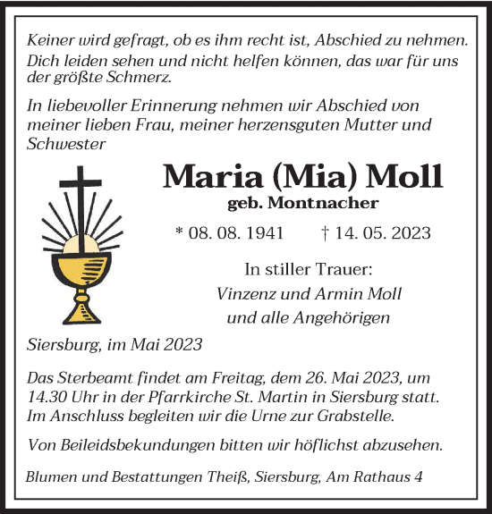 Todesanzeige von Maria Moll von saarbruecker_zeitung