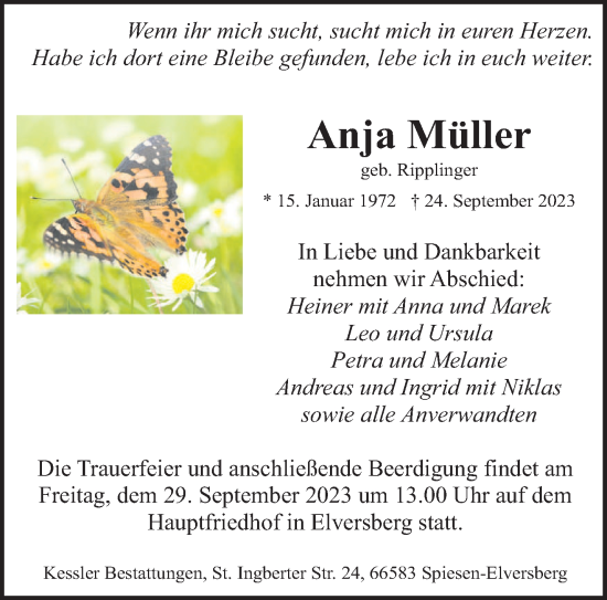 Todesanzeige von Anja Müller von saarbruecker_zeitung