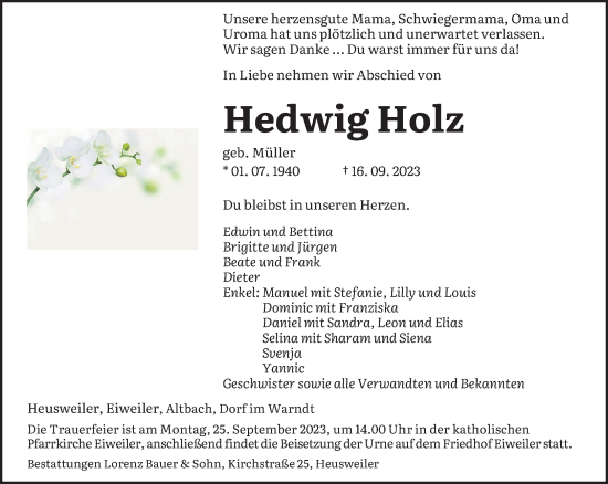 Todesanzeige von Hedwig Holz von saarbruecker_zeitung