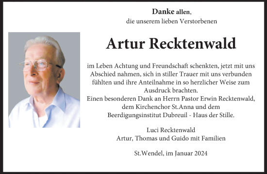 Todesanzeige von Artur Recktenwald von saarbruecker_zeitung