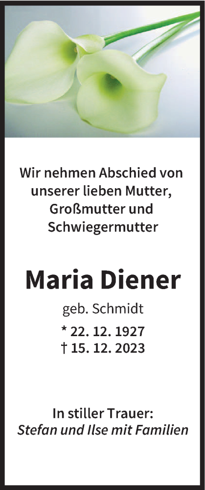 Todesanzeige von Maria Diener von saarbruecker_zeitung