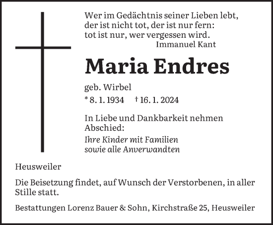 Todesanzeige von Maria Endres von saarbruecker_zeitung