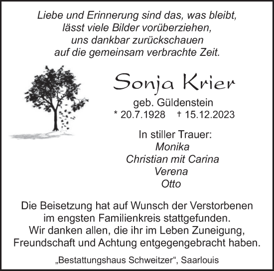 Todesanzeige von Sonja Krier von saarbruecker_zeitung