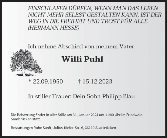 Todesanzeige von Willi Puhl von saarbruecker_zeitung