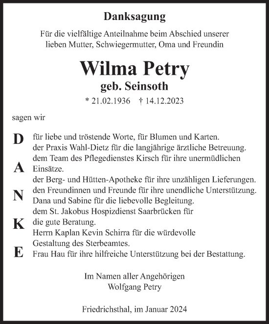 Todesanzeige von Wilma Petry von saarbruecker_zeitung