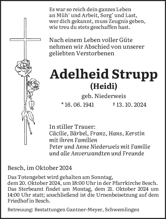 Todesanzeige von Adelheid Strupp von saarbruecker_zeitung