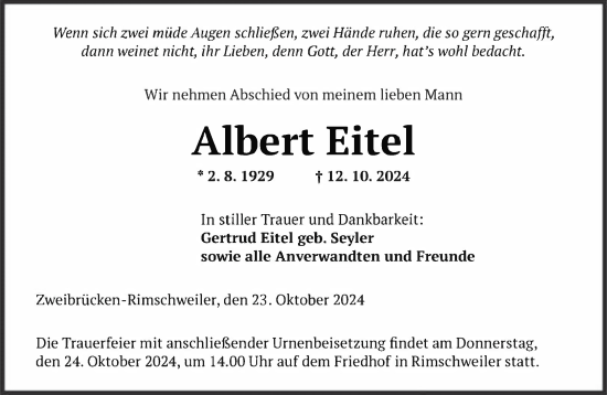 Todesanzeige von Albert Eitel von saarbruecker_zeitung