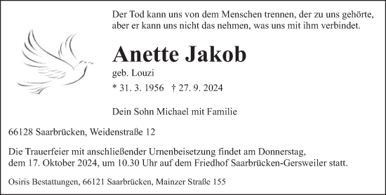 Todesanzeige von Anette Jakob von saarbruecker_zeitung