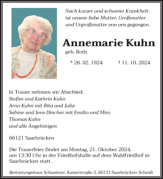 Todesanzeige von Annemarie Kuhn von saarbruecker_zeitung