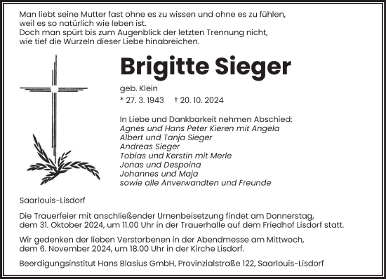 Todesanzeige von Brigitte Sieger von saarbruecker_zeitung