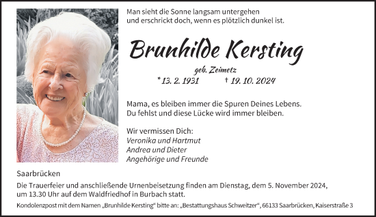 Todesanzeige von Brunhilde Kersting von saarbruecker_zeitung