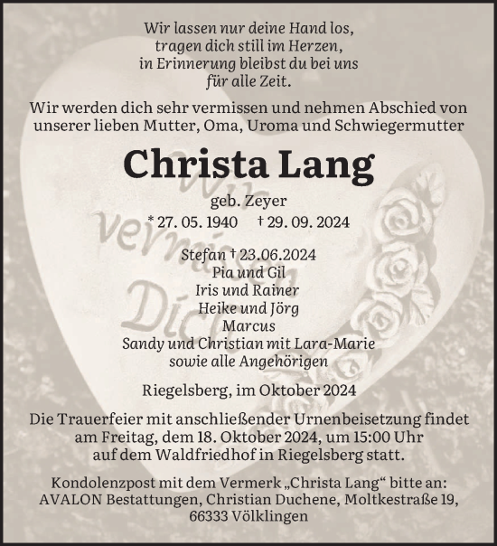 Todesanzeige von Christa Lang von saarbruecker_zeitung