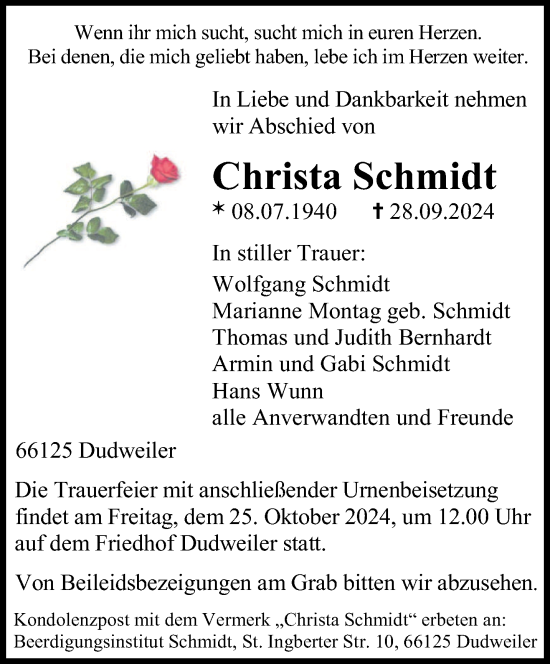 Todesanzeige von Christa Schmidt von saarbruecker_zeitung