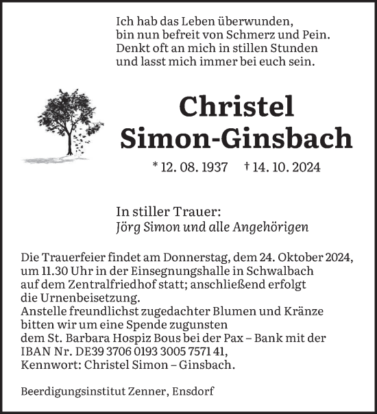 Todesanzeige von Christel Simon-Ginsbach von saarbruecker_zeitung