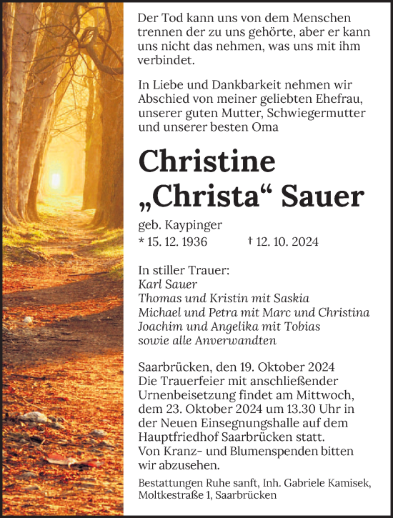 Todesanzeige von Christine Sauer von saarbruecker_zeitung