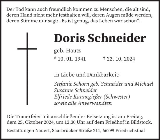 Todesanzeige von Doris Schneider von saarbruecker_zeitung