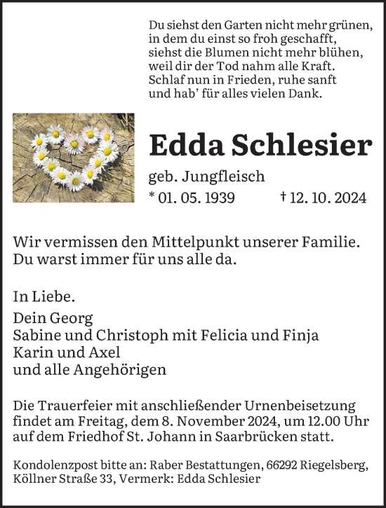 Todesanzeige von Edda Schlesier von saarbruecker_zeitung