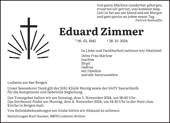 Todesanzeige von Eduard Zimmer von saarbruecker_zeitung