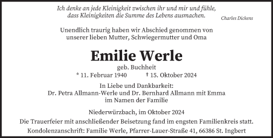 Todesanzeige von Emilie Werle von saarbruecker_zeitung