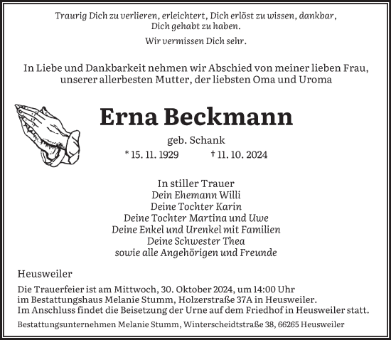 Todesanzeige von Erna Beckmann von saarbruecker_zeitung