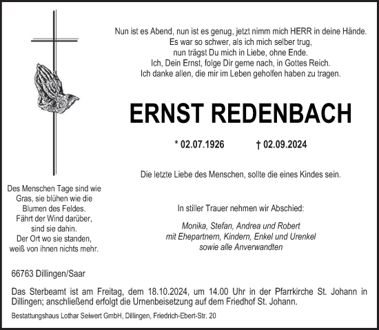 Todesanzeige von Ernst Redenbach von saarbruecker_zeitung