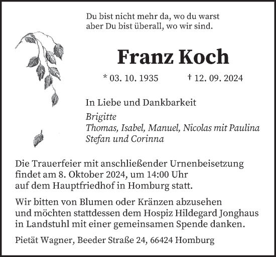 Todesanzeige von Franz Koch von saarbruecker_zeitung