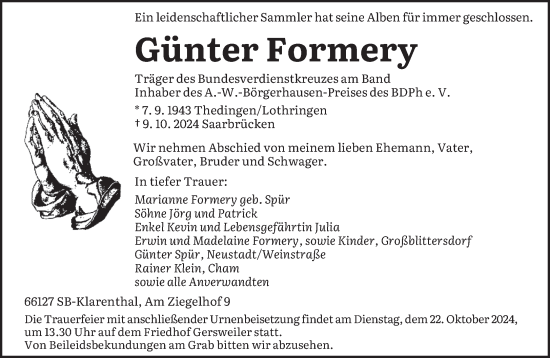 Todesanzeige von Günter Formery von saarbruecker_zeitung