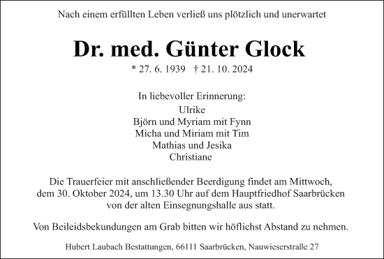 Todesanzeige von Günter Glock von saarbruecker_zeitung