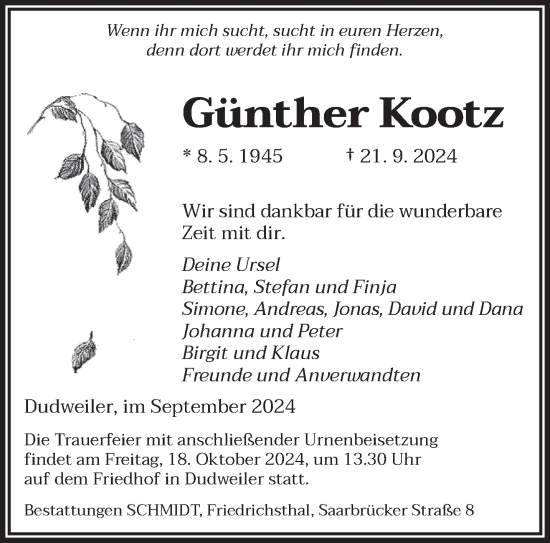 Todesanzeige von Günther Kootz von saarbruecker_zeitung