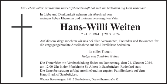 Todesanzeige von Hans-Willi Weiten von saarbruecker_zeitung