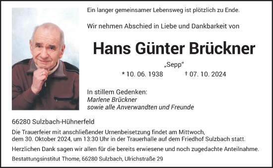 Todesanzeige von Hans Günter Brückner von saarbruecker_zeitung