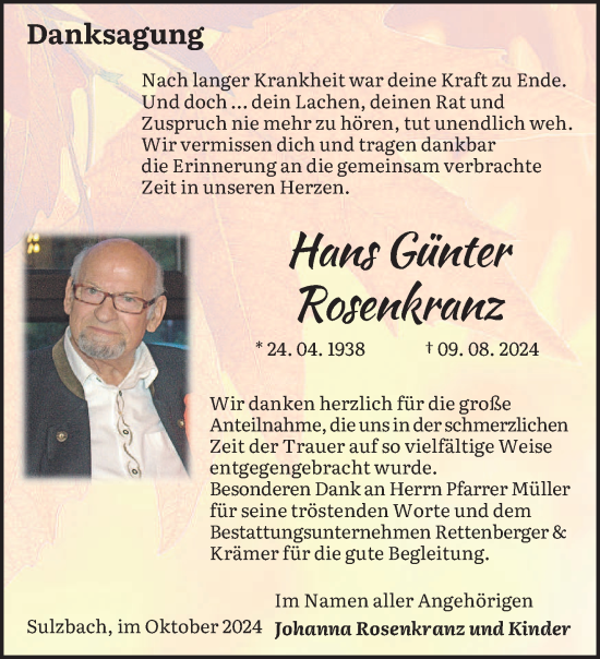 Todesanzeige von Hans Günter Rosenkranz von saarbruecker_zeitung