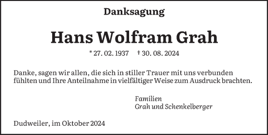 Todesanzeige von Hans Wolfram Grah von saarbruecker_zeitung