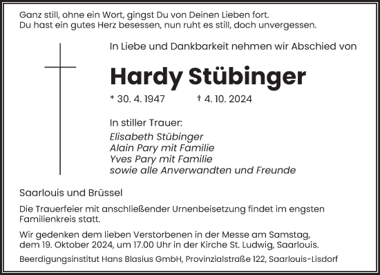 Todesanzeige von Hardy Stübinger von saarbruecker_zeitung