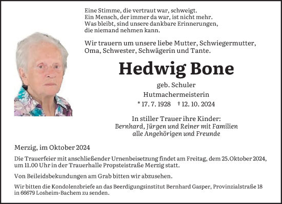 Todesanzeige von Hedwig Bone von saarbruecker_zeitung